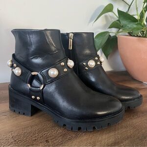 Karl Lagerfeld Pixie Embellishment Moto Boots with Pearls and Gold Accents